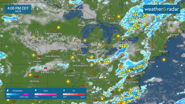 There is a risk of severe thunderstorms from the southern Great Lakes into the Mid-Atlantic states, as well as across portions of the Upper Midwest and central High Plains.
