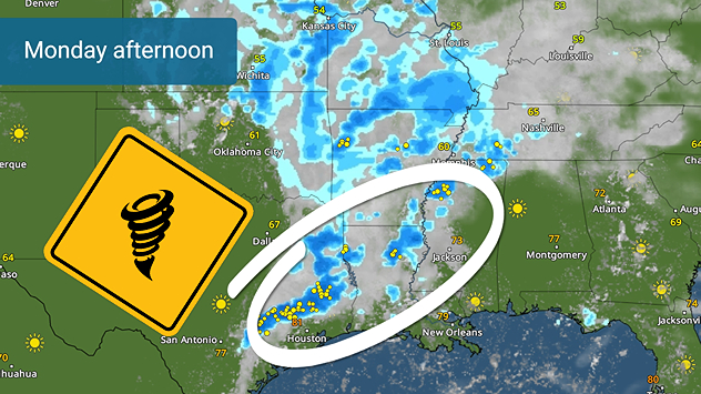 The WeatherRadar shows the severe weather is expected across the southern Plains and Deep South on Monday.