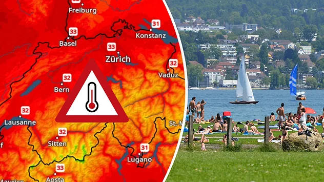 Karte der Schweiz mit Temperaturen bis 33 Grad und Hitzewarnsymbol, daneben Menschen an einem Badesee bei sonnigem Wetter.