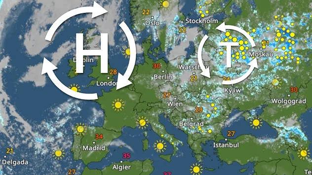Wetterkarte Europas mit Hoch über Westeuropa und Tief über Osteuropa. In Mitteleuropa dominiert sonniges Wetter, während weiter östlich mehr Wolken und Schauer auftreten