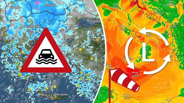 Weather Radar shows a risk of flooding in Greece and Turkey. Meanwhile, the Wind Radar shows a storm system off Sicily with gusts of up to 50 miles per hour.