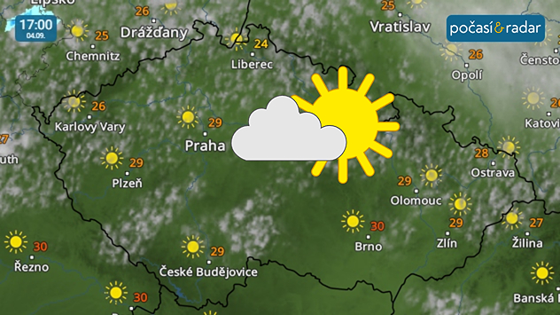 Meteoradar, screenshot 4. září 17:00: Pátek do Česka přinese slunečné a velmi teplé počasí.