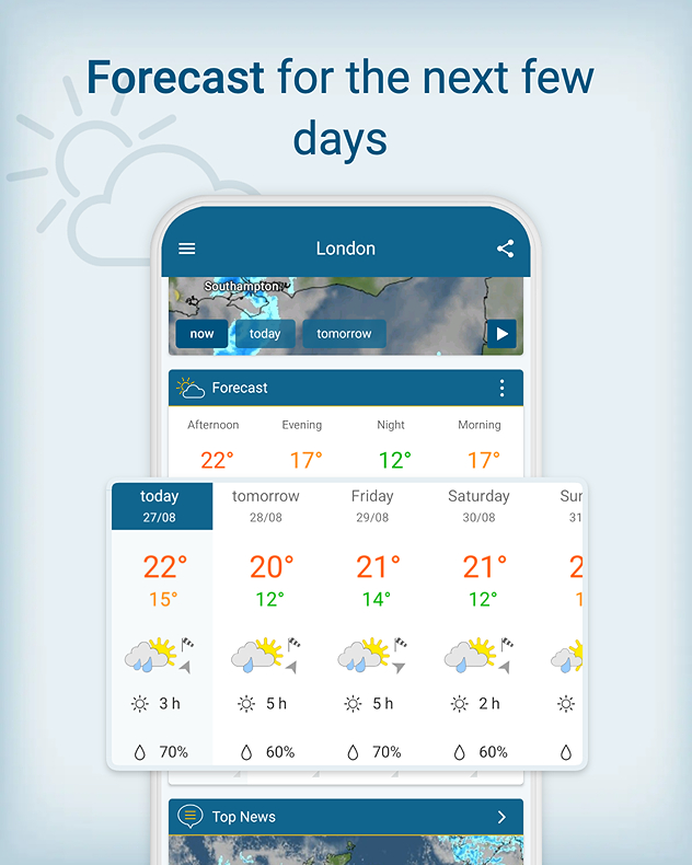 Screenshot of the Weather &amp; Radar app showing forecast for London over the coming days.