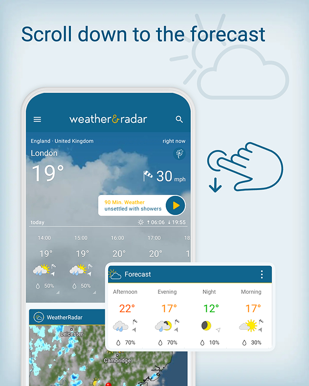 Instructions for using the forecast card in the Weather &amp; Radar app. A screenshot of the app is displayed with a hand indicating to swipe downwards to the Forecast card.
