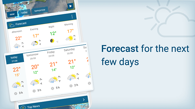 A weather app forecast showing temperatures and conditions for several days. Today (27/08) is 22°C high and 15°C low with cloudy and rainy periods. Tomorrow (28/08) shows 20°C/14°C with rain. Friday (29/08) shows 21°C/14°C with rain. Saturday (30/08) shows 21°C/14°C with sunshine and some rain. Icons display cloud, rain, and sun for each day.