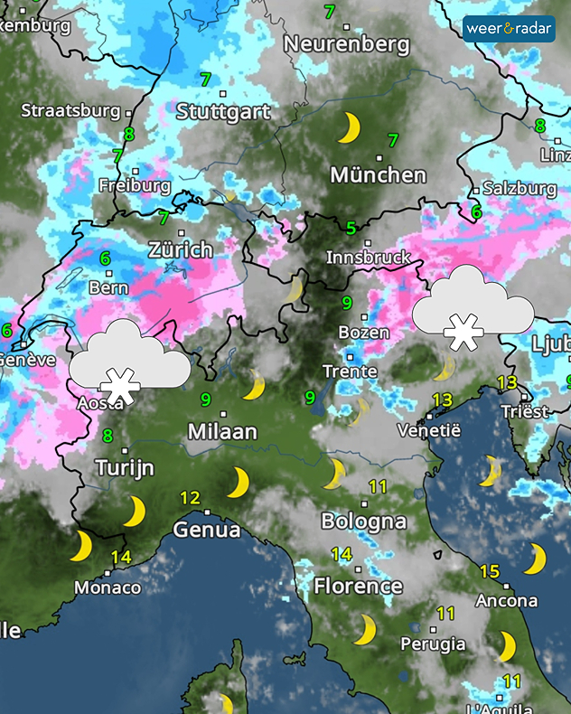De WeerRadar met de Alpen in het midden. Neerslag kleurt er roze, er valt dus sneeuw. Dit symbool is ingetekend.