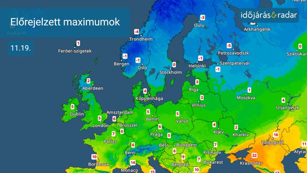 Hőmérsékleti térkép Európáról, hűvös Közép-Európával és fagyokkal északon.