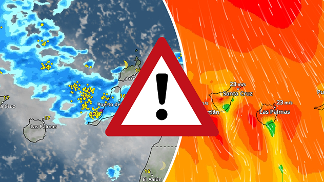 VejrRadar og VindRadar over De Kanariske Øer viser kraftig nedbør, tæt lynaktivitet og vindstød op til 23 m/s, markeret med advarselsikon.