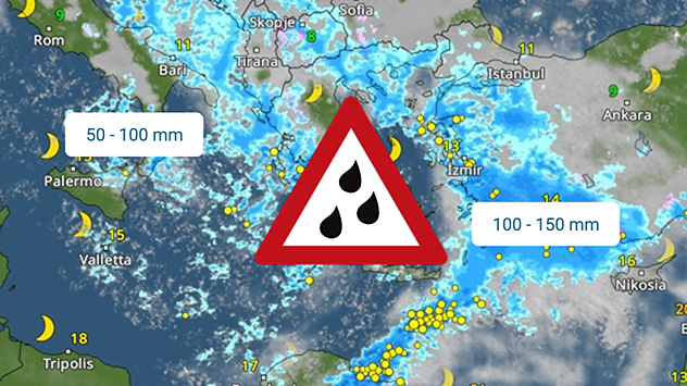 Weather map showing heavy rain over Greece and western Turkey. Rainfall amounts between 50 and 150 mm are indicated.