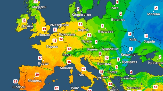 Карта Європи з кольоровим позначенням максимальних температур у неділю. Теплі помаранчеві відтінки над Іспанією та Францією, сині області з морозом у Східній Європі.