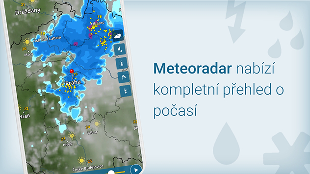 Telefon s aplikací Počasí & Radar a Meteoradarem, který nabízí přehled o celkovém počasí.