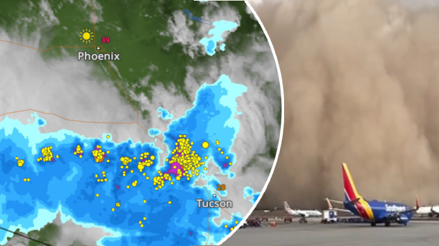 Záběr na radar a písečnou bouři.