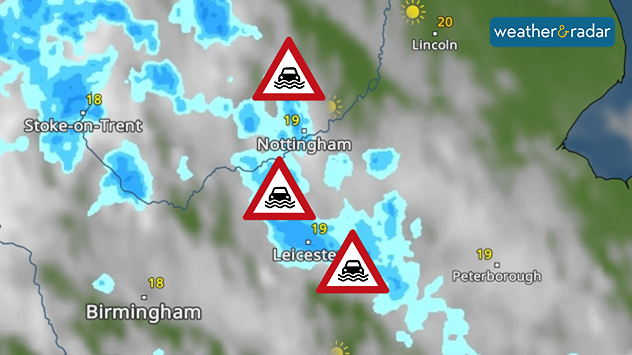 Weather radar map showing heavy shower around Nottingham and Leicester, with flood warning symbols highlightning areas at risk across the East Midlands.