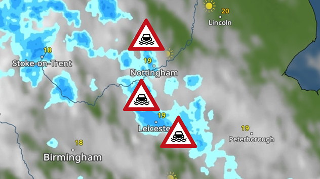 Weather radar map showing heavy shower around Nottingham and Leicester, with flood warning symbols highlighting areas at risk across the East Midlands.