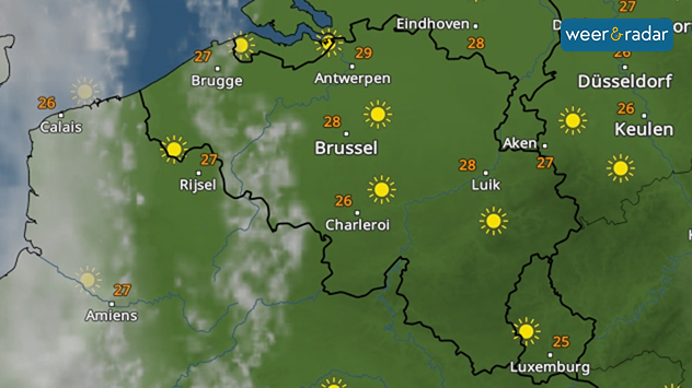 De kaart van de WeerRadar voor zondag toont vrij heldere condities boven België. Er is wel wat sluierbewolking aanwezig.