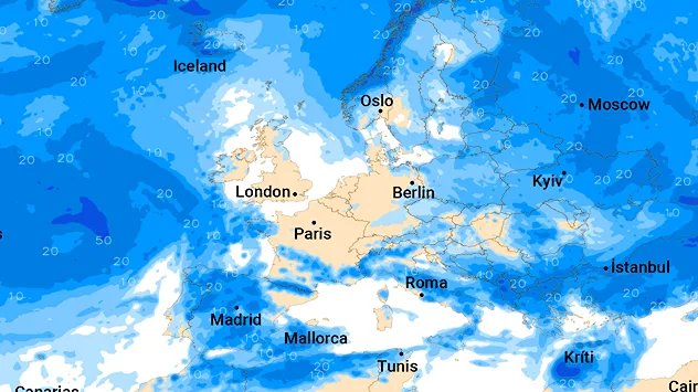 Europa-Karte mit Regenverteilung bis Dienstag. Weniger Niederschlag in Frankreich, Deutschland und Teilen Großbritanniens, mehr Regen im Süden und Osten.
