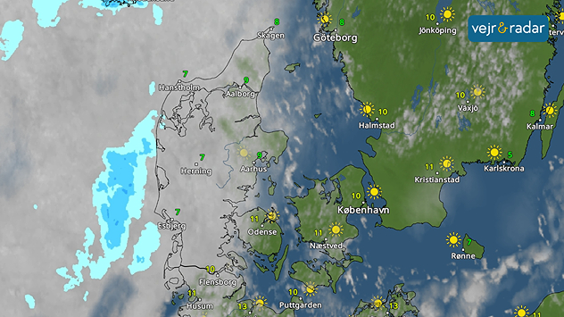 Vejrkort over Danmark med regn i Vestdanmark og solrigt vejr i Østdanmark.