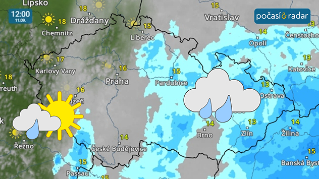 Meteoradar, screenshot, 11. 9. 12:00: V pátek se vyskytne déšť místy hlavně na Moravě a ve Slezsku, Naopak v Čechách se během dne častěji ukáže slunce.