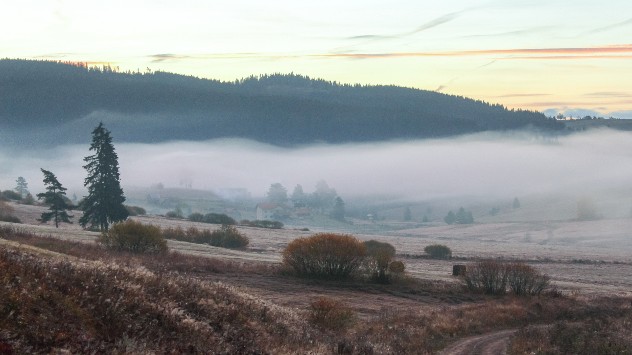 Ceață joasă într-o depresiune din Munții Carpați.