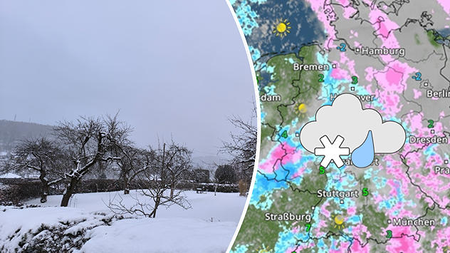 Geteilte Grafik: links mehrere Zentimeter Neuschnee am Morgen des 16. Februar in Schmalkalden zwischen Werra und westlichem Thüringer Wald, rechts eine WetterRadar-Karte mit Schnee- und Regengebieten.