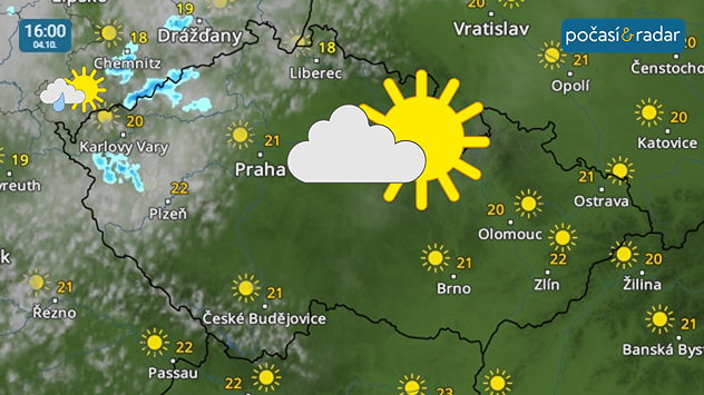 Meteoradar, screenshot, 4. 10. 16:00: V neděli během dne začne od západu postupně přibývat oblačnosti, na západě a severozápadě se může ojediněle objevit i slabý déšť.