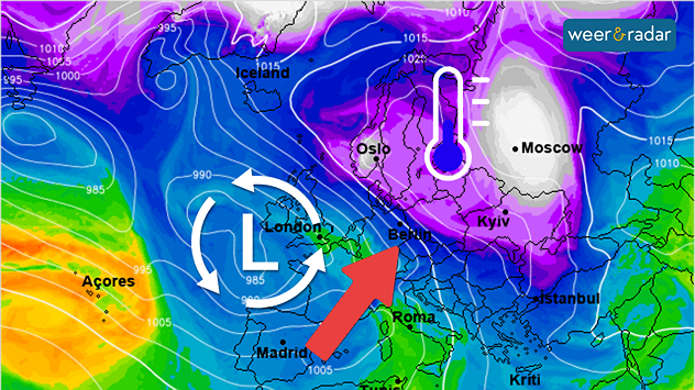 De weerkaart voor midden volgende week toont de aanvoer van zachte lucht door een diepe depressie tussen Ierland en Spanje.