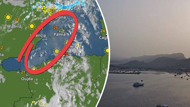 Radar meteorológico con nubes de polvo y vista de la webcam de Mallorca con cielo lechoso.