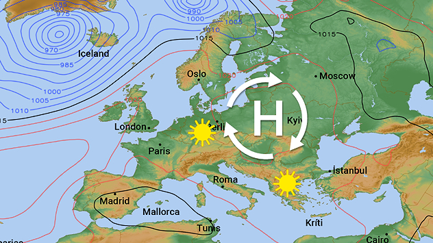 Weerkaart van Europa met een hogedrukgebied boven Oost-Europa en zonnjesymbolen boven Midden- en Zuid-Europa.