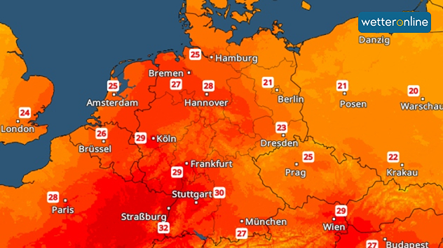 TemperaturRadar für Dienstag mit bis zu 32 Grad am Oberrhein und verbreitet hohen Temperaturen in Deutschland.