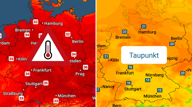 Geteilte Wettergrafik mit TemperaturRadar und Taupunkt für Dienstag. Hohe Temperaturen und hohe Taupunkte zeigen verbreitet schwüle, belastende Luft in Deutschland.
