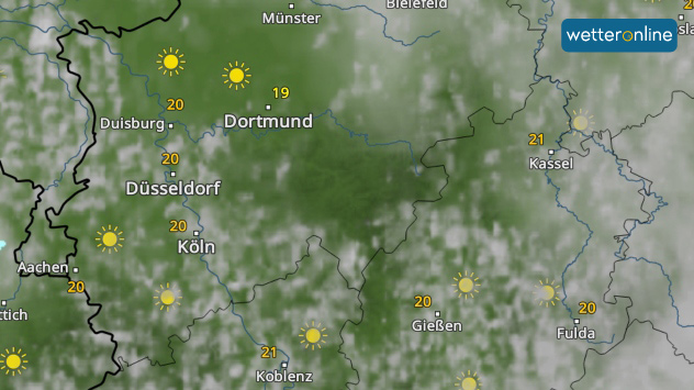 Wetterkarte zeigt sonniges Wetter in NRW mit rund 20 Grad.