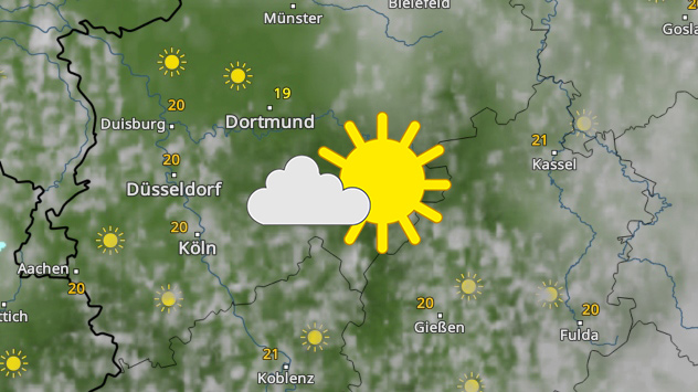 Wetterkarte zeigt sonniges Wetter in NRW mit rund 20 Grad.