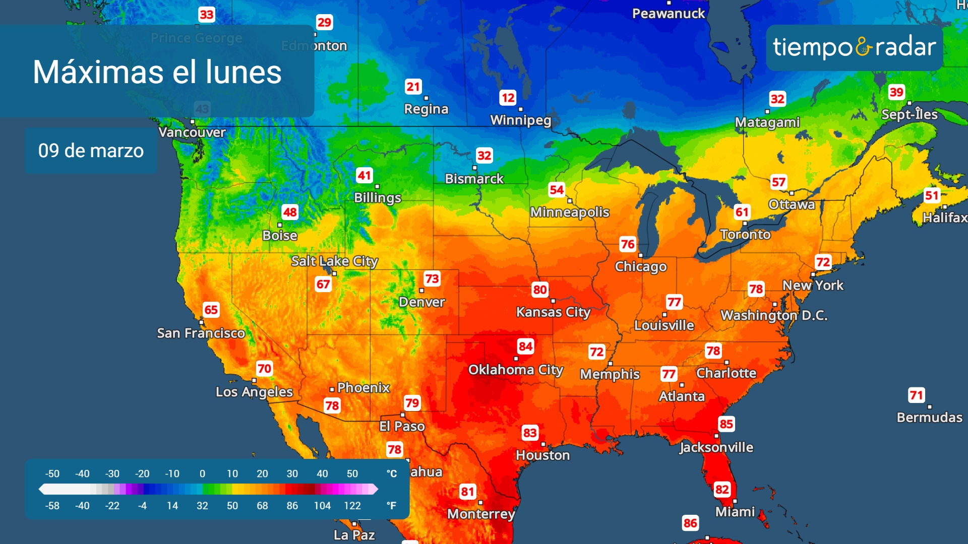 El Radar de Temperatura muestra las temperaturas máximas del lunes.