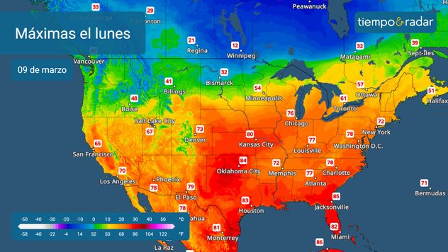 El Radar de Temperatura muestra las temperaturas máximas del lunes.
