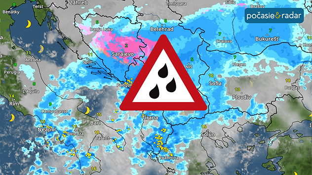 Mapa počasia ukazuje silné dažde a snehové zrážky nad západným Balkánom.