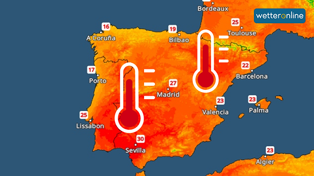Temperaturkarte von Südweteuropa mit den Höchstwerten in roter Farbe für ein paar Städte in Spanien, Portugal und Frankreich.