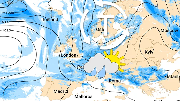 Wetterkarte zeigt ein Tiefdruckgebiet und Regen über Europa