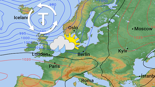 Synoptische Wetterkarte von Europa mit Tiefdruckzentrum bei Island. Isobaren und Strömungspfeile zeigen die Zirkulation. Über Mitteleuropa Symbol für Wolken, Sonne und Regen.