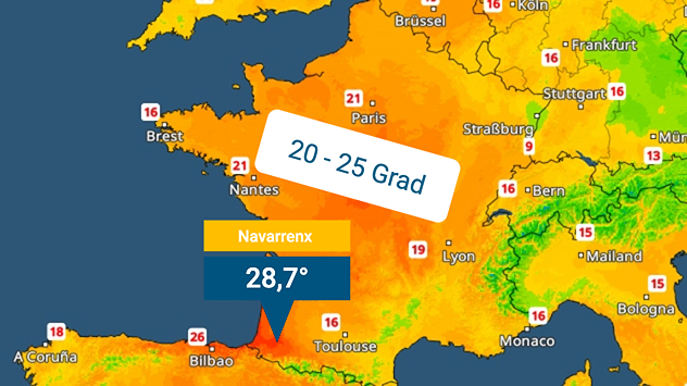 Wetterkarte von Frankreich mit Temperaturen zwischen 20 und 25 Grad. Bei Navarrenx ist ein Höchstwert von 28,7 Grad hervorgehoben.