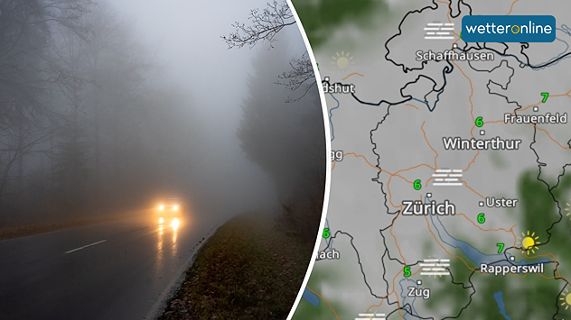 Links ist das Bild eines Autos auf einer Waldstrasse bei Nebel zu sehen. Rechts zeigt eine Wetterkarte Nebel rund um Zürich.