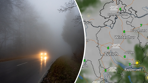 Links ist das Bild eines Autos auf einer Waldstrasse bei Nebel zu sehen. Rechts zeigt eine Wetterkarte Nebel rund um Zürich.