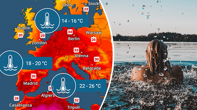 Temperature Radar for Europe, showing water temperatures in the Mediterranean and the Atlantic.