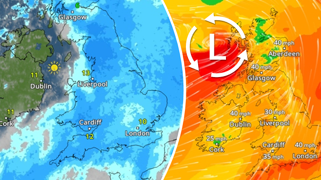 Split weather graphic showing UK radar rain bands in blue on the left with temperatures marked, and a wind map on the right with orange-red shading, 25–40 mph gust labels, and a large low-pressure symbol positioned west of Scotland.
