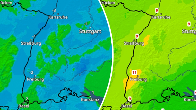 Vergleich zweier Temperaturkarten von Baden-Württemberg mit frostigen und milden Werten. Links kalt in Blau, rechts deutlich wärmer in Grün und Gelb.