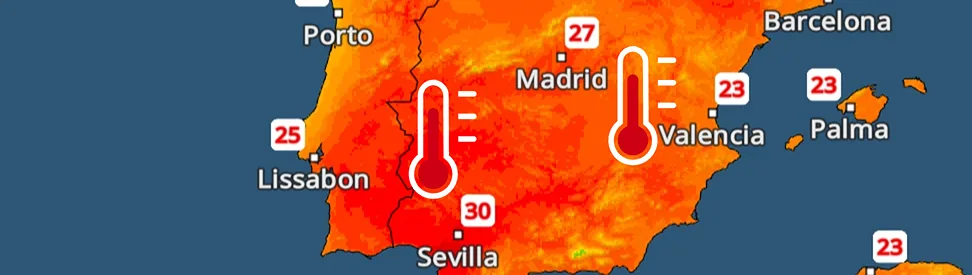 Temperaturkarte von Südweteuropa mit den Höchstwerten in roter Farbe für ein paar Städte in Spanien, Portugal und Frankreich.