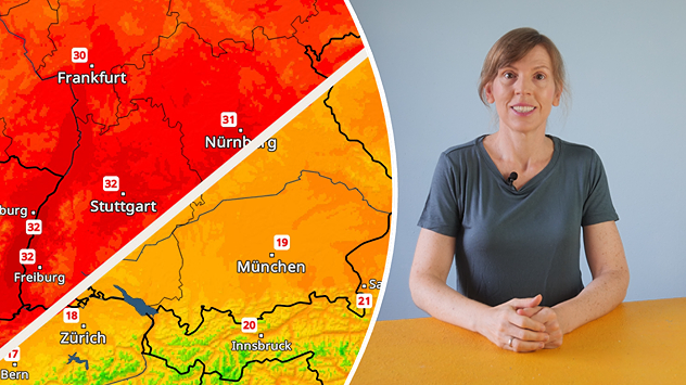 Auf dem Bild sieht man den Wetterwechsel ziemlich deutlich: Während es rund um Frankfurt, Stuttgart und Nürnberg noch richtig heiß mit über 30 Grad ist, liegen die Temperaturen Richtung Alpen und München teilweise nur noch um 20 Grad. Da prallen also zwei völlig unterschiedliche Luftmassen aufeinander. Rechts ist eine Moderatorin an einem Tisch zu sehen. Insgesamt wirkt das Bild wie ein Vorschaubild für ein Wettervideo, das den starken Temperatursturz im Süden Deutschlands thematisiert.