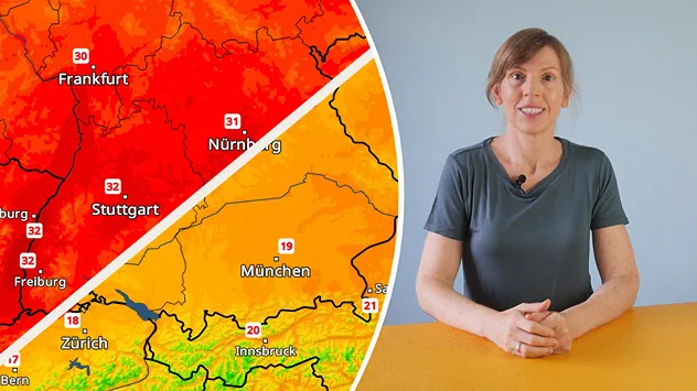 Auf dem Bild sieht man den Wetterwechsel ziemlich deutlich: Während es rund um Frankfurt, Stuttgart und Nürnberg noch richtig heiß mit über 30 Grad ist, liegen die Temperaturen Richtung Alpen und München teilweise nur noch um 20 Grad. Da prallen also zwei völlig unterschiedliche Luftmassen aufeinander. Rechts ist eine Moderatorin an einem Tisch zu sehen. Insgesamt wirkt das Bild wie ein Vorschaubild für ein Wettervideo, das den starken Temperatursturz im Süden Deutschlands thematisiert.