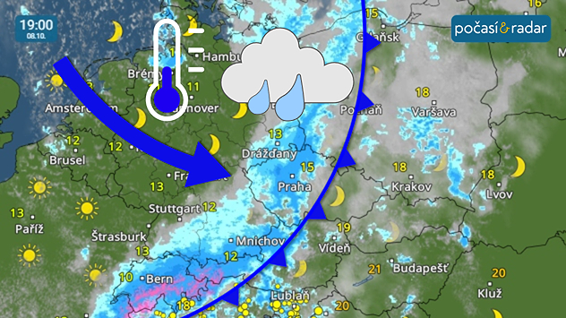 Meteoradar, screenshot, 8. října 19:00: Ve čtvrtek bude přes Česko přecházet studená fronta, která k nám přinese výraznou změnu počasí.