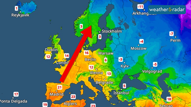 Europe temperature map showing warm orange shades over western and southern Europe and colder blue shades over Scandinavia and eastern Europe, with a large red arrow pointing toward southern Norway.