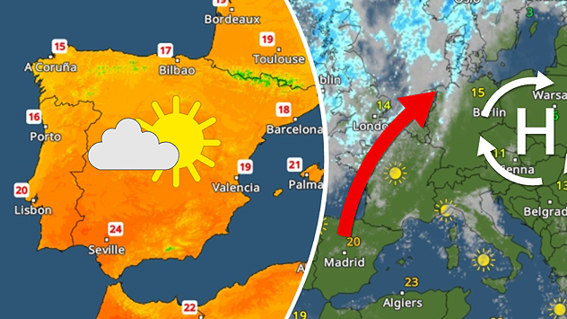 Split image showing a warm temperature map over Spain and Portugal with sun and cloud icon on the left, and a Europe weather map on the right with high pressure over central Europe and a red arrow indicating warm air moving north toward the UK.